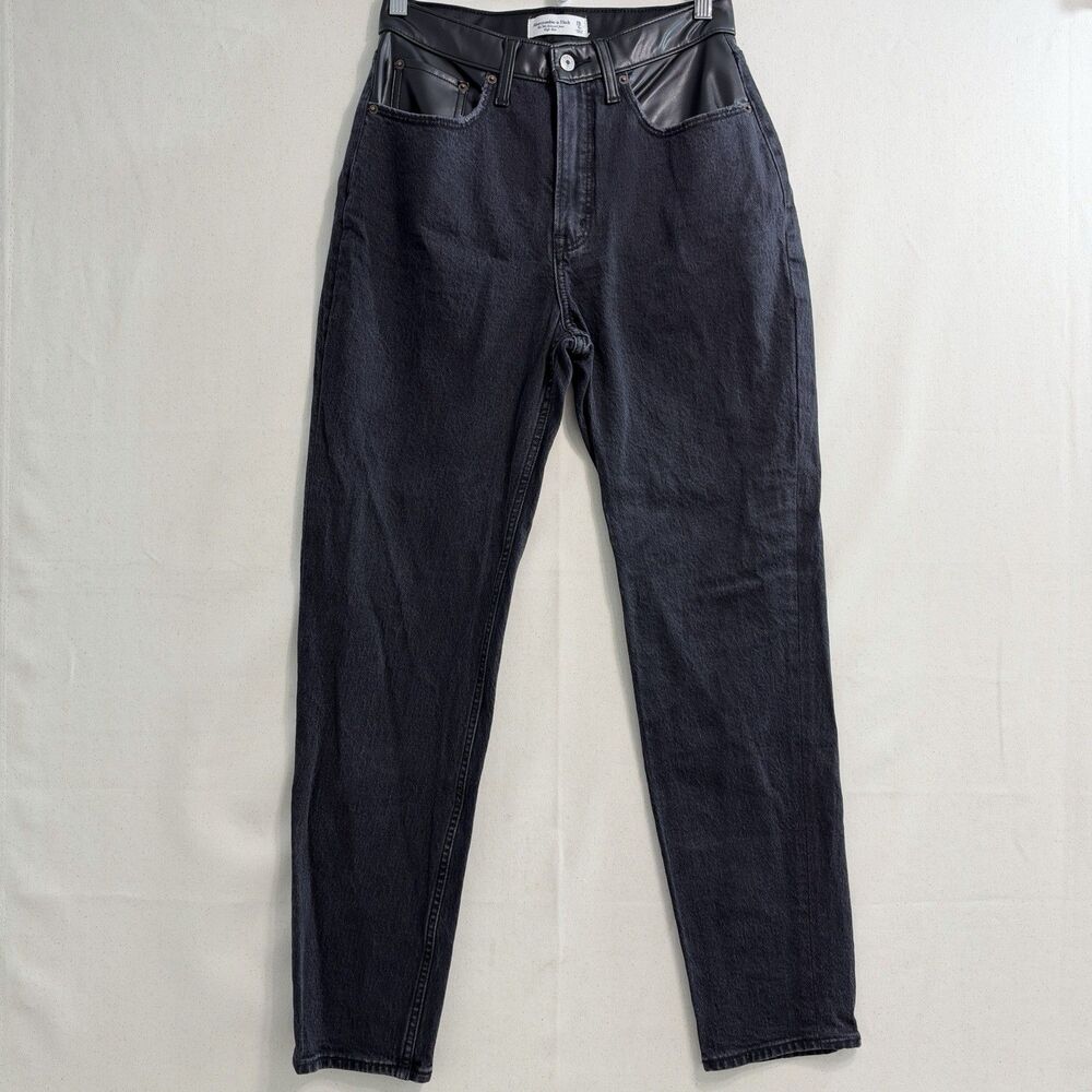 Abercrombie & Fitch 90's Relaxed Jeans High Rise Black Denim Faux Leather 6R/28